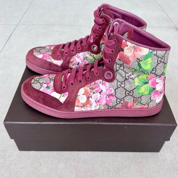 Gucci Coda Bloom GG Monogram High Tops Sneakers Red Suede Floral EU 38.5 US 8.5 - Picture 8 of 10
